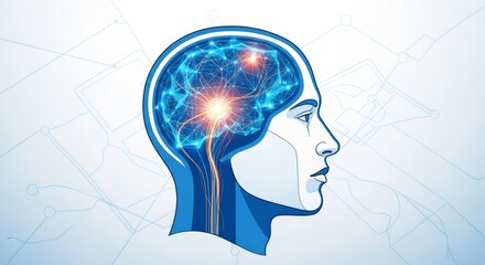Conceptual illustration of artificial intelligence and the human mind, showcasing a glowing neural network within a futuristic brain