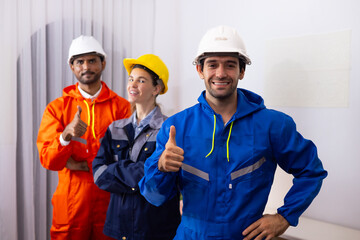 Hispanic man leader. Group Professional engineering teamwork, Ethnic diversity worker people, Success teamwork. professional engineering people wearing hardhat safety helmet standing at workplace