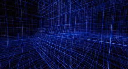 Obraz premium Blue Grid Tunnel Futuristic perspective of glowing wireframe architecture.