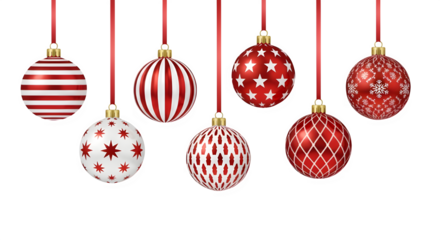 Festive red and white Christmas ornaments hang with elegant holiday cheer
