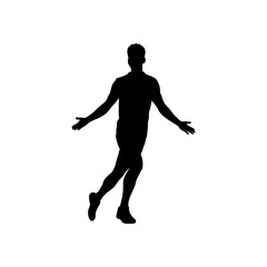 Silhouette of a male athlete in motion with arms outstretched in celebration against a white background