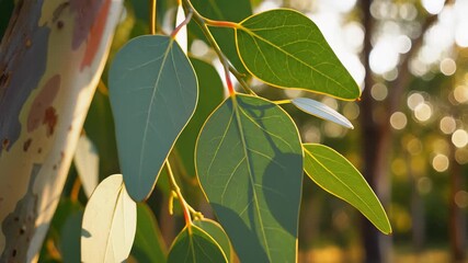 Eucalyptus trees leafy branch fills the frame with intricate details of leaves and branches, conveying serenity and harmony with nature, perfect for uses related to wellness, environmentalism.
