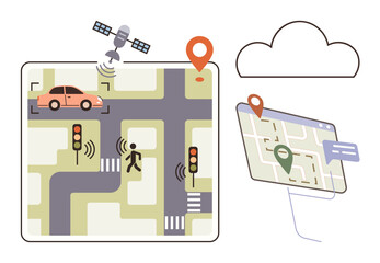 Satellite tracking car and pedestrian paths, traffic lights at intersection, digital map with GPS marker. Ideal for transportation, technology, navigation, smart cities, traffic safety, innovation