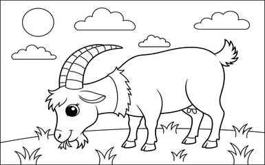 Cute Cartoon Goat Eating Grass Coloring Page Vector Illustration