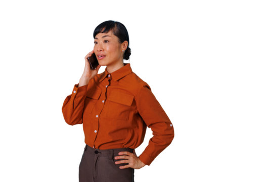 Asian businesswoman making phone call on smartphone, communicating, looking right with an open mouth, transparent background - Powered by Adobe