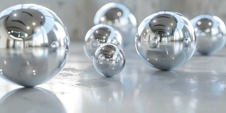 Shiny metallic spheres scattered on a reflective surface, creating a modern abstract composition.