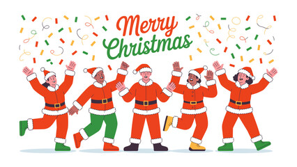Joyful Christmas Celebration: A festive ensemble of figures, clad in vibrant Santa Claus attire, joyously celebrate the Christmas season amidst a cascade of colorful confetti.