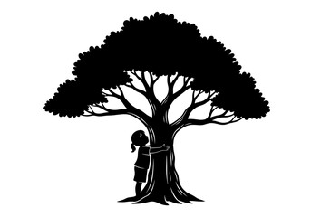 Child hugging an old oak tree on a transparent background
