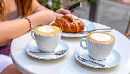 Two coffees and a croissant on a white table, with a person using a phone in background