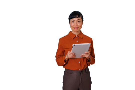 Asian businesswoman smiling and holding digital tablet, navigating technology, for business or education, transparent background - Powered by Adobe