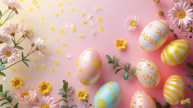 Delightful Easter egg assortment with spring flowers on pastel pink background creates a vibrant holiday design, perfect for social media and seasonal promotions
