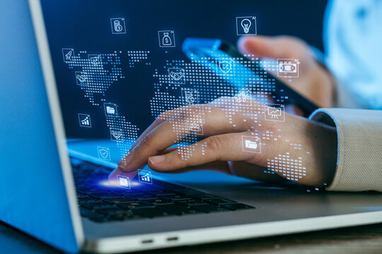 Innovative technology use in remote work with digital communication tools and global connectivity - Powered by Adobe