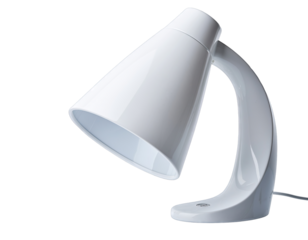 Modern White Desk Lamp with Curved Arm and Adjustable Head on a Black Background with Subtle Lighting