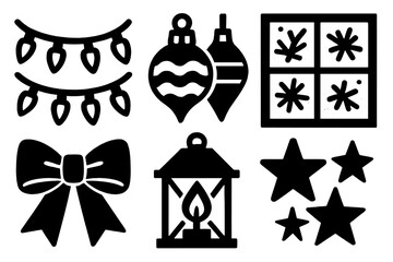 Festive Window Icons. Festive Window Scene silhouette icons set: garland, ornaments, frosted glass, bow, lantern, stars.