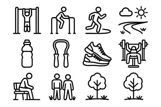 Community Fitness Area. Park Workout linear icons: pullup bars, parallel bars, running track, grassy field, water bottle, resistance bands, sneakers, open sky, bench press station.