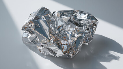 Shiny Silver Foil Crumpled on White Surface with Shadow