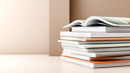 Moderne, helle Szenen mit klaren Mockups für Buchcover, Zeitschriften und Softcover-Layouts auf neutralen Oberflächen. Weiches Tageslicht, ruhige Farben und minimalistische Arrangements