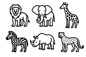 Naklejka premium Savanna Animal Icons. Savanna Fauna linear icons: lion, elephant, giraffe, zebra, rhinoceros, cheetah.