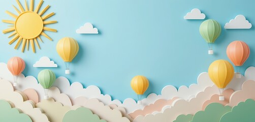 Colorful paper hot air balloons floating above soft layered clouds in bright sky with sun and