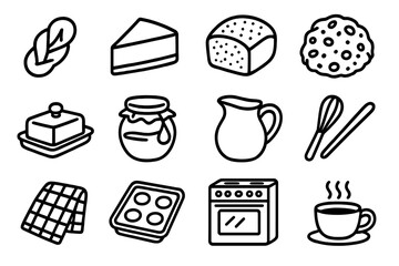 Icelandic Pastry Icons. Icelandic Baking linear icons: kleinur twisted doughnut, skyr cheesecake slice, rye bread loaf, berry scone, butter dish, honey jar, milk jug, whisk.