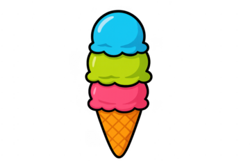 Colorful triple scoop ice cream cone cartoon