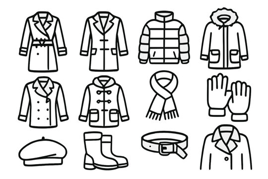 Winter Coat Icons. Winter Fashion Coats linear icons: trench coat, wool overcoat, puffer jacket, parka, pea coat, toggle coat, scarf, gloves, beret, boots, belt detail, folded.