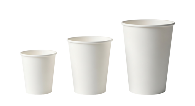 Three white paper cups of varying sizes