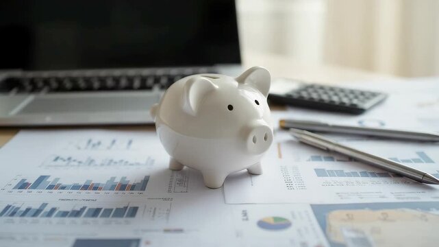 White piggy bank on financial charts with laptop calculator and pens in background