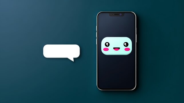 Flat emotional support chatbot on smartphone with smiling face, promoting digital wellness, calm communication, and positive mental balance