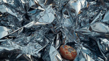 Decorated Egg Ornament Resting on Crumpled Shiny Aluminum Foil Surface