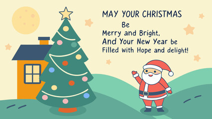 Christmas holiday greeting card with santa claus christmas tree and house vector illustration design