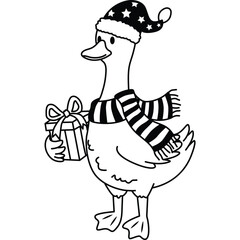Festive Christmas Goose Decoration Cartoon Line Art Illustration