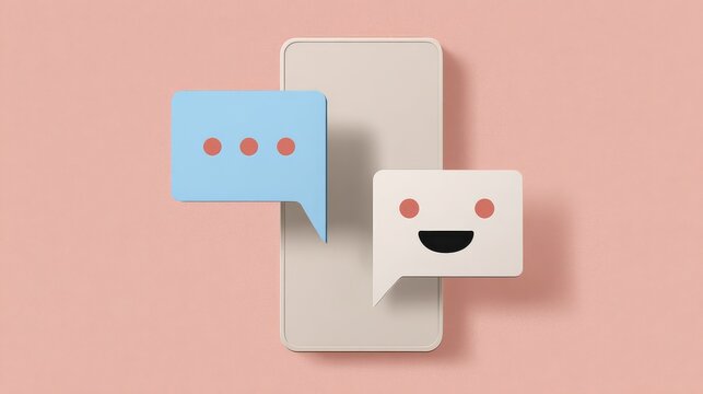 Flat emotional support chatbot on smartphone with smiling face, promoting digital wellness, calm communication, and positive mental balance