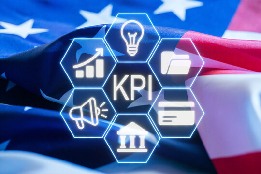 Visual representation of key performance indicators on an American flag background emphasizing business metrics and data analysis - Powered by Adobe
