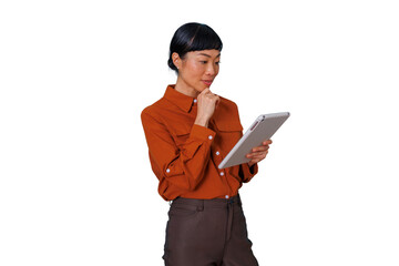 Asian businesswoman analyzing data on tablet, thinking about strategy for remote work, transparent background