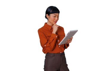 Asian businesswoman analyzing data on tablet, thinking about strategy for remote work, transparent background