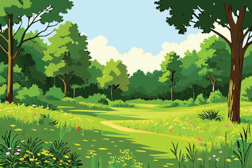 Lush forest path with trees and wildflowers