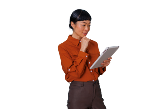 Asian businesswoman analyzing data on tablet, thinking about strategy for remote work, transparent background