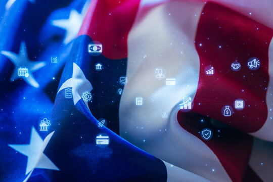 Digital symbols overlay on American flag representing technology and patriotism in modern society