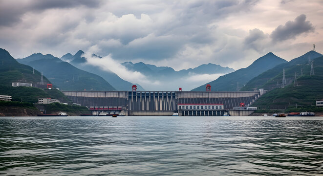Massive hydroelectric dam in a mountainous river valley under cloudy skies