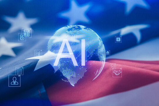 Symbolic representation of artificial intelligence overlaying an American flag, showcasing technology and patriotism