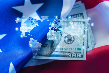 Money and international currency symbols overlap on a background of flags, highlighting global finance and trade