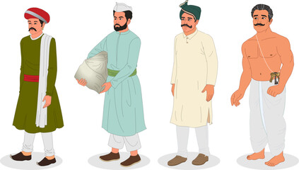collection of traditional indian village man characters in kurta lungi animation ready vector illustration
