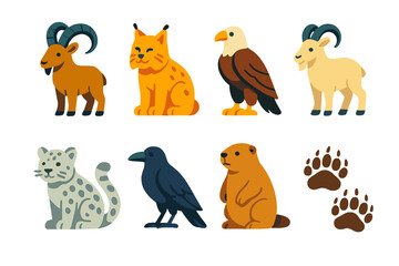 Fototapeta premium Mountain Wildlife Icons. Mountain Wildlife flat icons: ibex, lynx, eagle, mountain goat, snow leopard, raven, marmot, bear tracks.