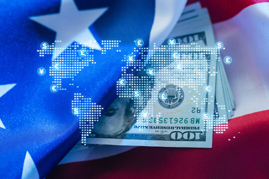Money and international currency symbols overlap on a background of flags, highlighting global finance and trade