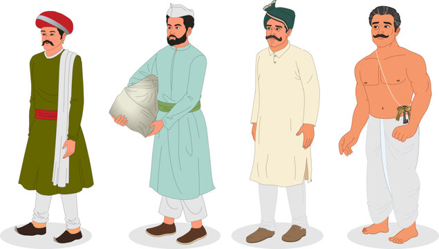 collection of traditional indian village man characters in kurta lungi animation ready vector illustration
