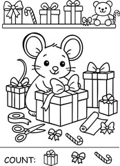 Mouse Wrapping Presents Christmas printable coloring page for kids kindergarten preschool worksheet
