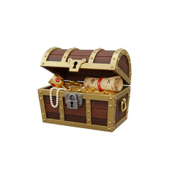 Open Wooden Treasure Chest Filled With Gold Coins Jewelry and a Map Isolated on a Transparent Background