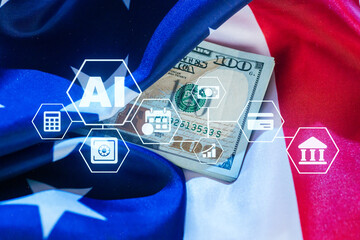 Financial technology and artificial intelligence concepts on American flag backdrop featuring a hundred dollar bill