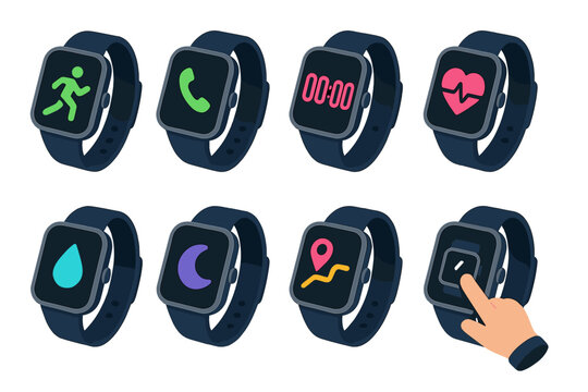 Isometric Smartwatch Icons. Smartwatch Moments flat icons: fitness tracking, incoming call, digital timer, pulse line, hydration reminder, sleep mode icon, GPS path, wrist tap.